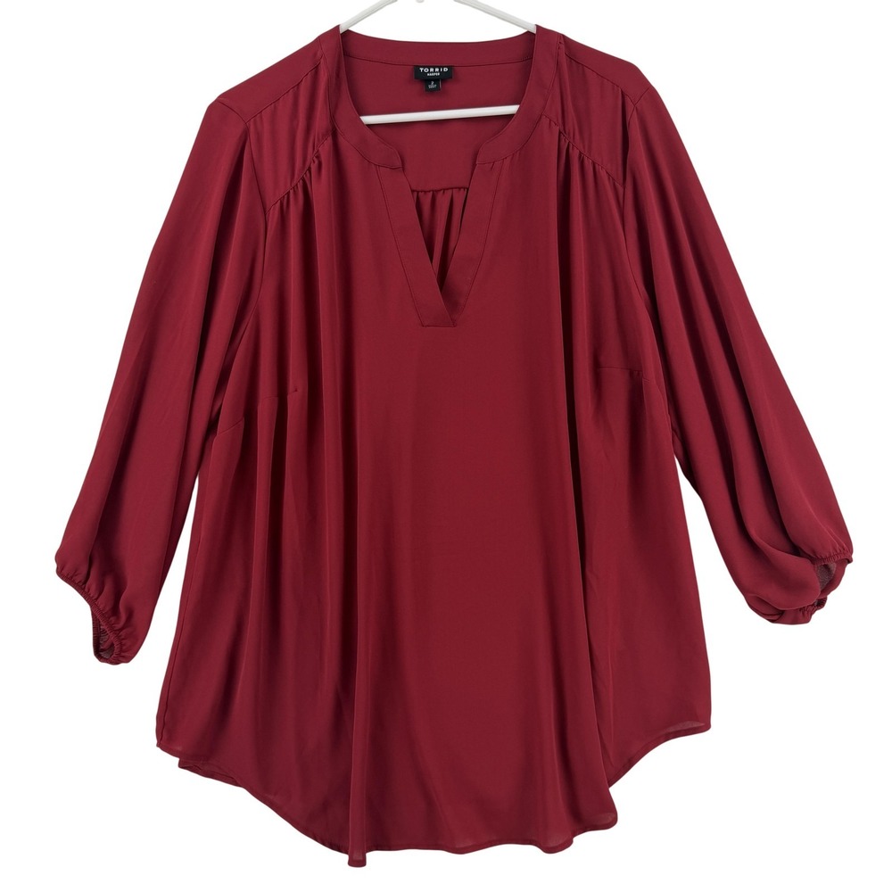 Torrid Harper Blouse Womens 2 Plus Red V Neck 3/4 Balloon Sleeve Tunic